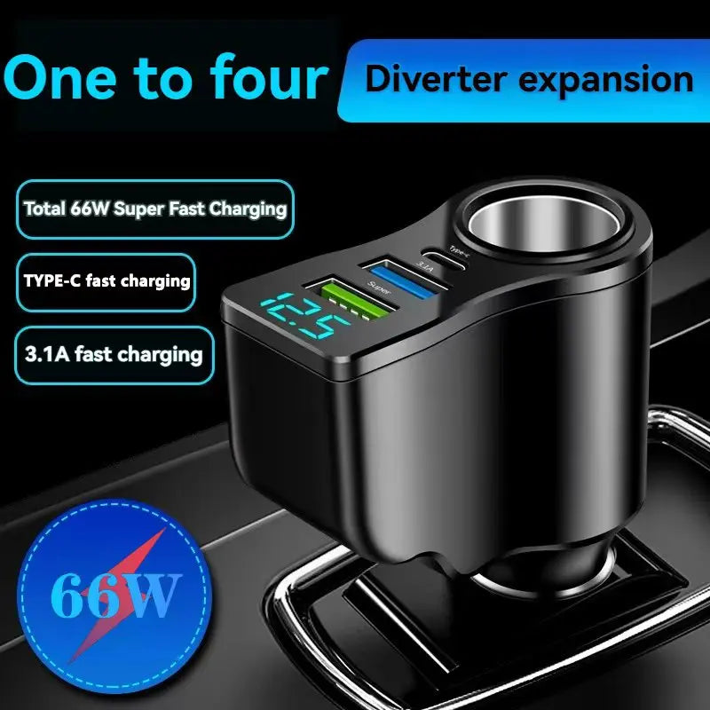 4-Port USB Car Charger 60W Fast Charging & Voltage Display Car Charger Axl