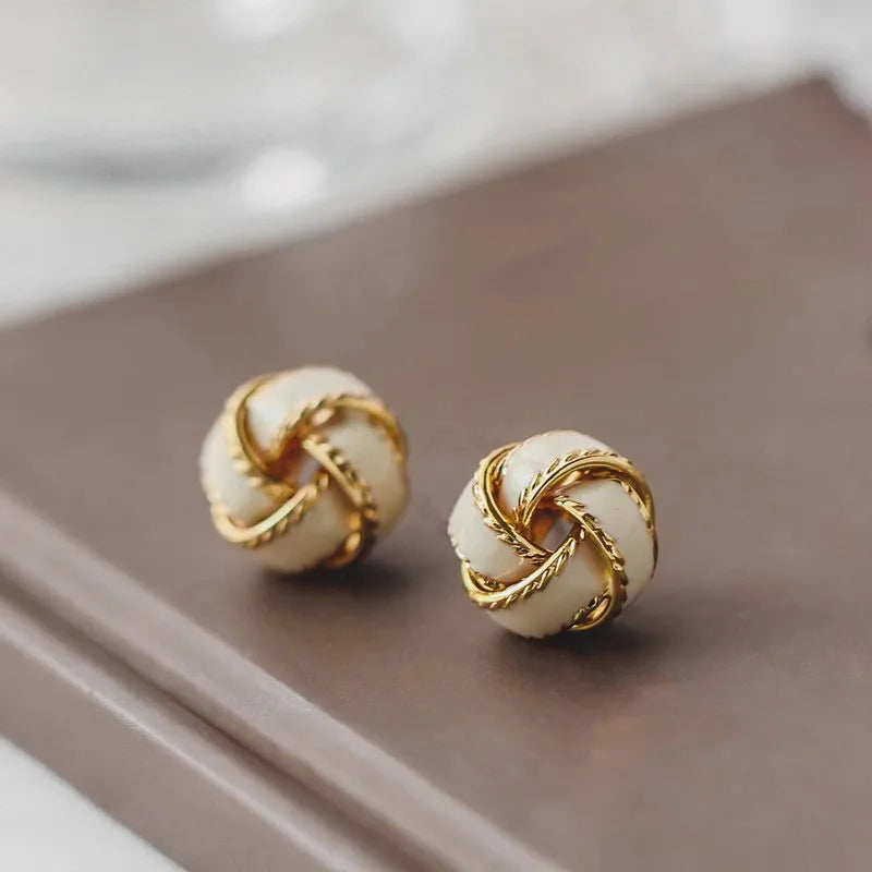 Huitan White Enamel Knot Stud Earrings – Gold Tone Women's Gift Stud Earrings Axl E4770