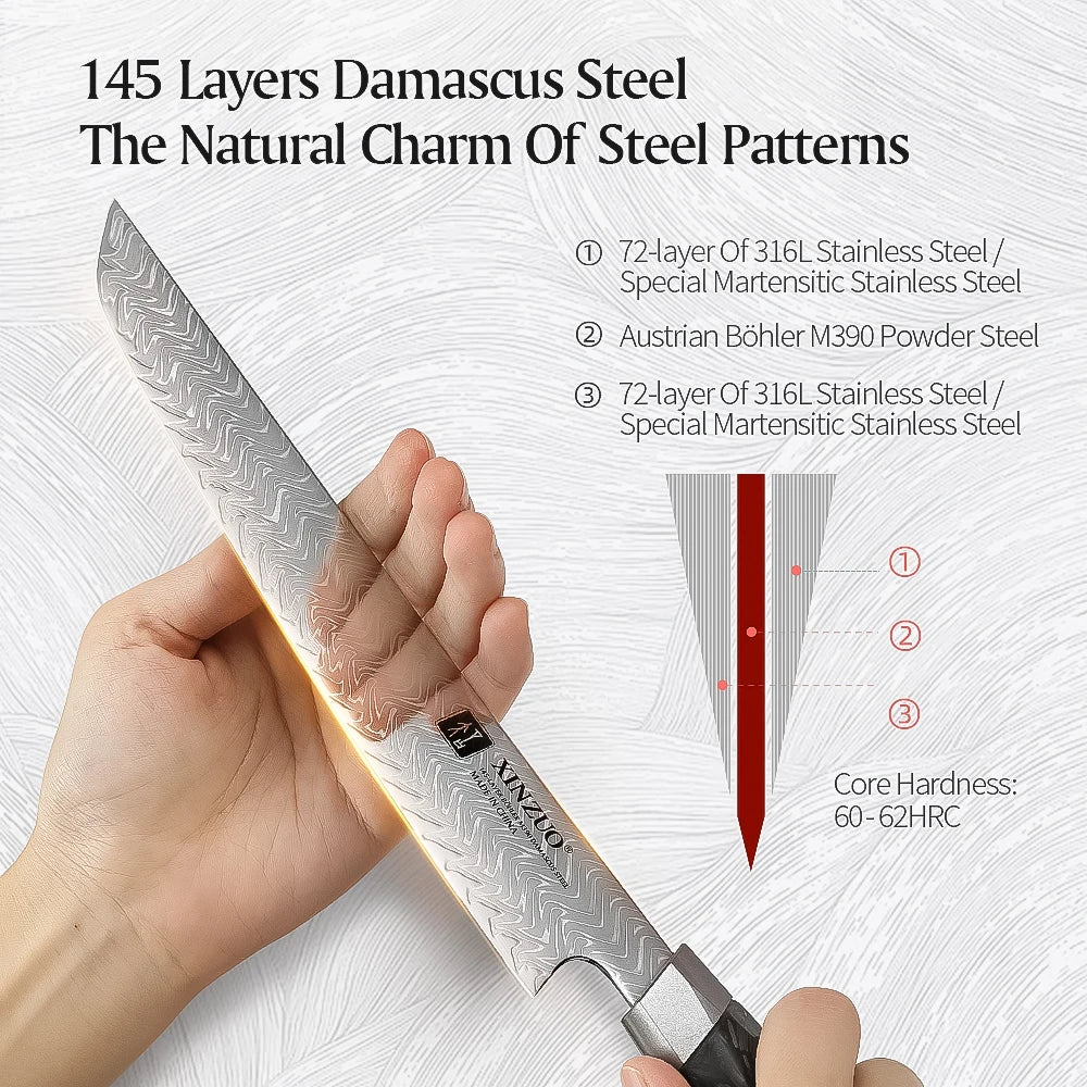XINZUO 8.46" Damascus Carving Knife – 145-Layer M390 Steel Damascus Carving Knife Axl