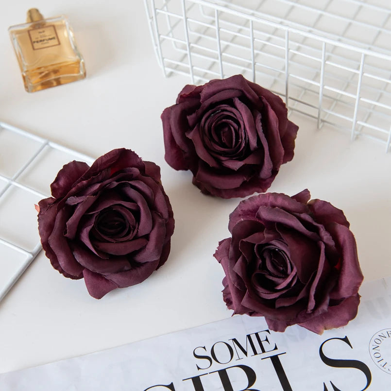 Silk Rose Artificial Flower Heads 10/20Pcs – Wedding & DIY Artificial Silk Flowers Axl dark purple red 10 Pieces