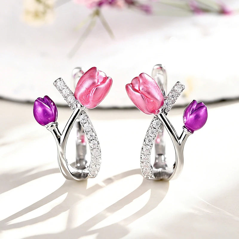 Huitan Pink Purple Tulip Hoop Earrings – CZ Flower Jewelry Hoop Earrings Axl E5401