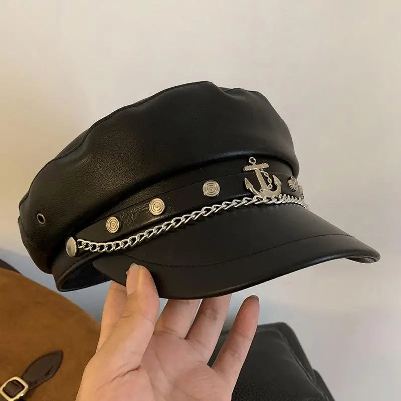 Vintage Rivet Beret – Y2K Gothic Faux Leather Flat Cap Women Faux Leather Beret Axl A2