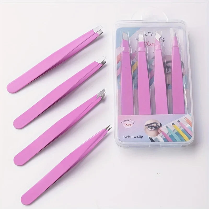 4-Piece Stainless Steel Eyebrow Tweezers – Slanted Precision Set Eyebrow Tweezers Set Axl