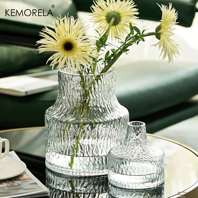 KEMORELA Vintage Textured Glass Vase | Wide Mouth Flower Vase Decorative Glass Vase Axl