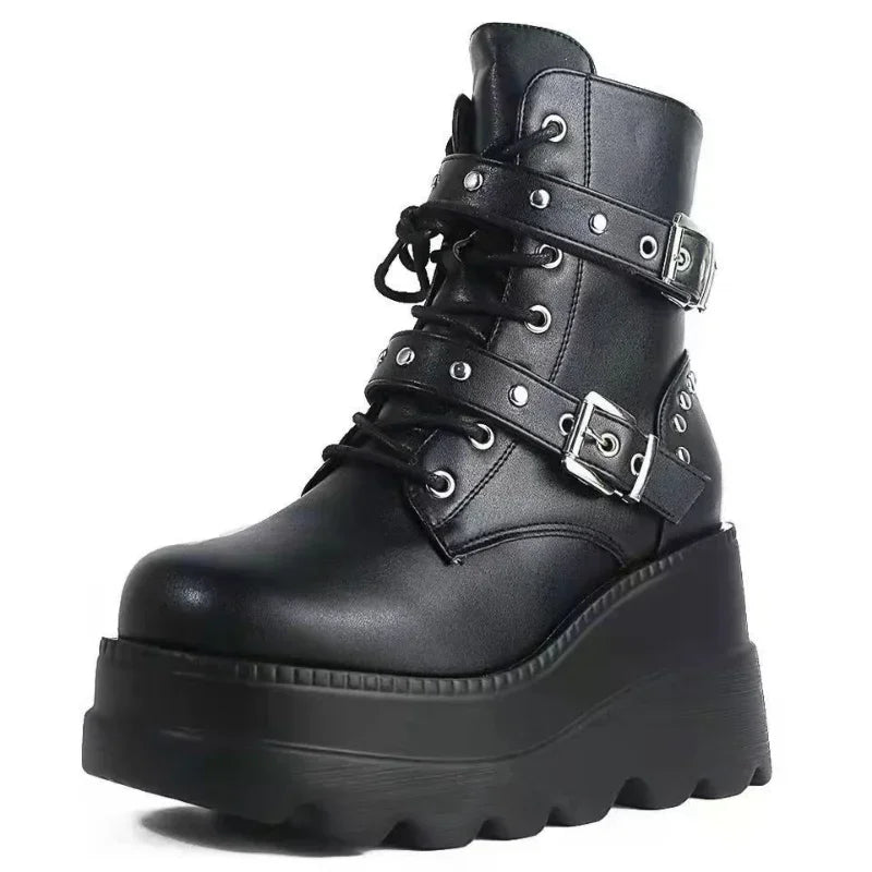 Women's PU Leather Platform Ankle Boots – Gothic Lace-Up Platform Ankle Boots Axl