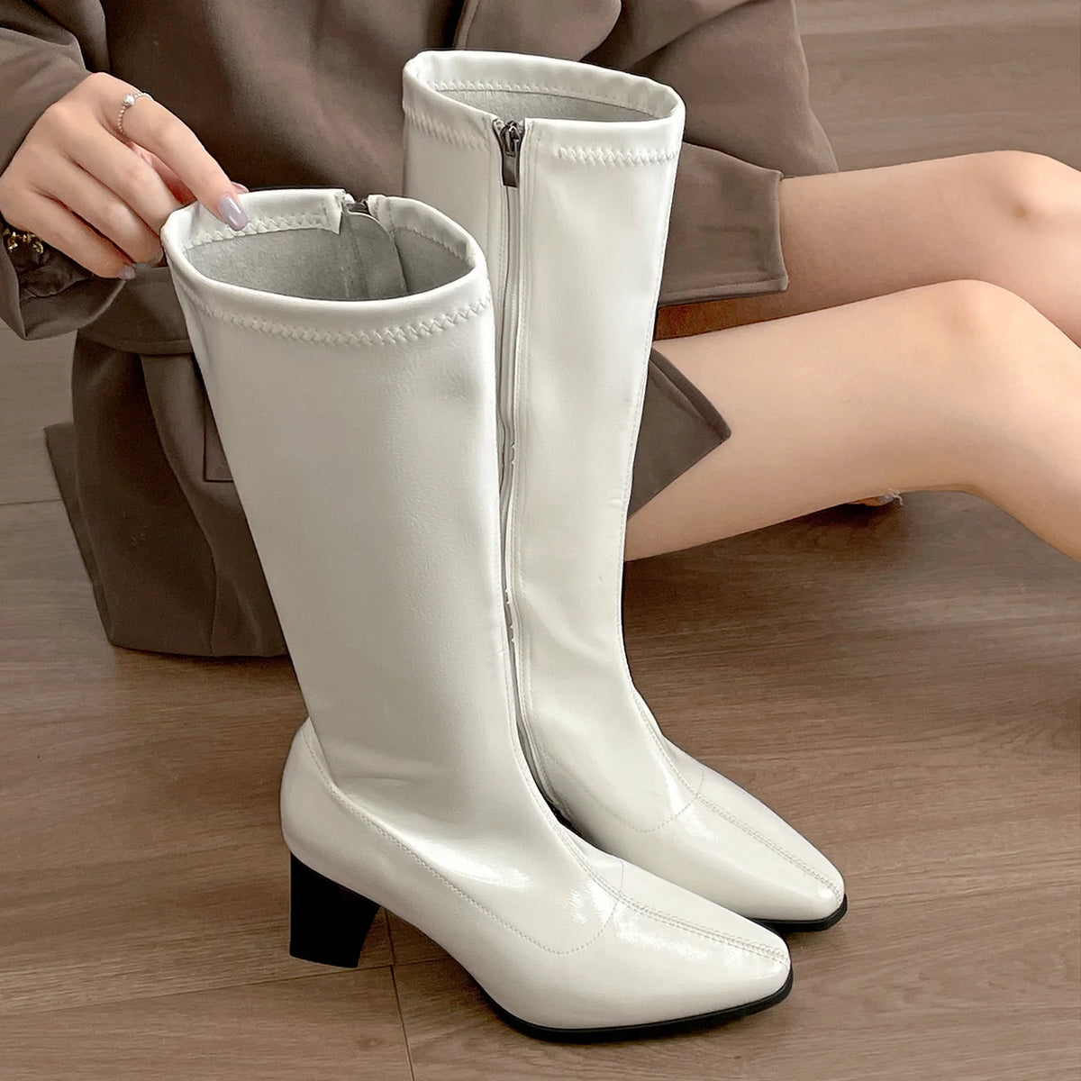 Women's Square Block Heel Mid-Calf Boots | Side Zip Mid-Calf Boots Axl White 40