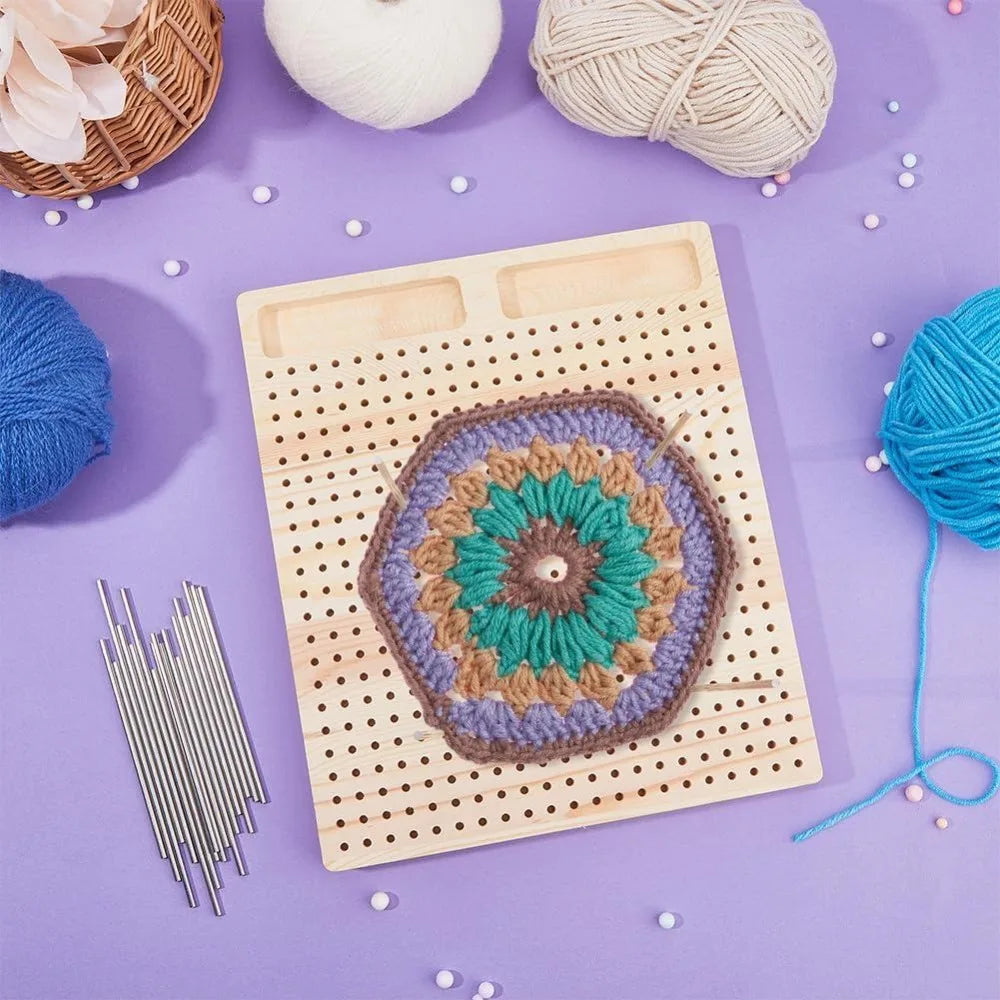 Wooden Crochet Blocking Board with 30 Steel Rod Pins – 11×10 in Blocking Board Kit Axl
