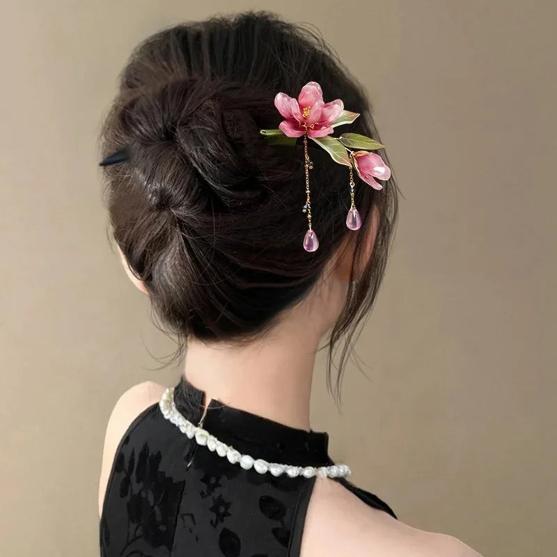 Floral Hair Stick – Chinese Style Pink Flower Tassel Hairpin Floral Hair Stick Axl