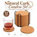 Natural Cork Coasters Set of 12 with Metal Holder | Absorbent Cork Coaster Set Axl 12 Pack 10cm