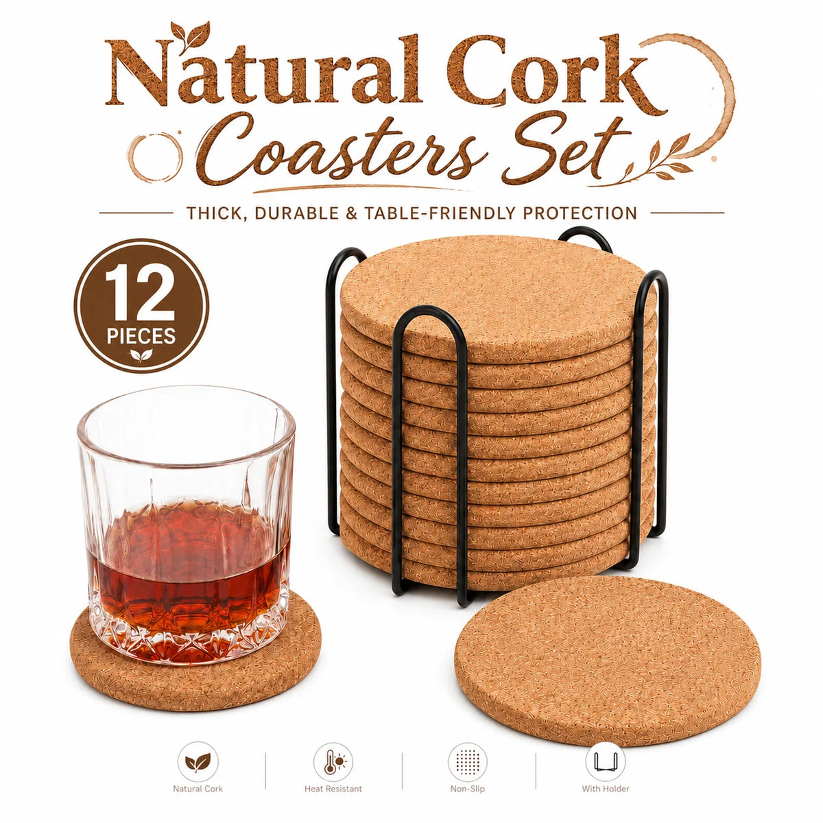 Natural Cork Coasters Set of 12 with Metal Holder | Absorbent Cork Coaster Set Axl 12 Pack 10cm