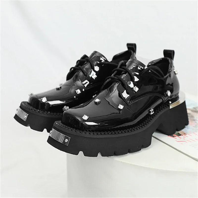 Women's Platform Oxford Derby Shoes | Square Toe Rivet Lace-Up Platform Oxford Shoes Axl