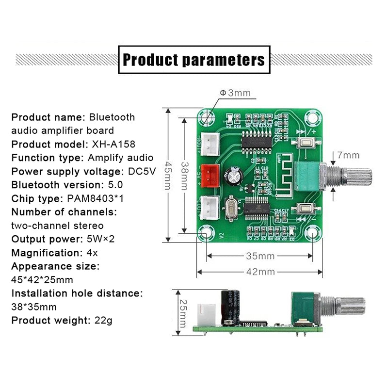 XH-A158 Bluetooth 5.0 Audio Power Amplifier Board 5W×2 Audio Amplifier Board Axl