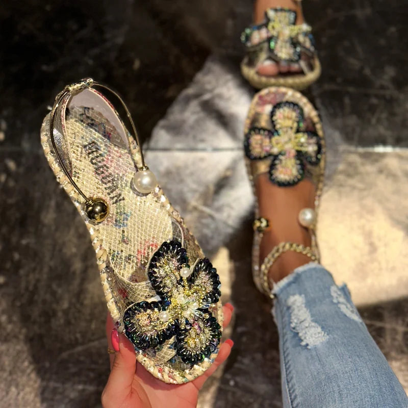 UXST Women's Beaded Pearl Flower Flat Slip-On Sandals Women's Flat Sandals Axl