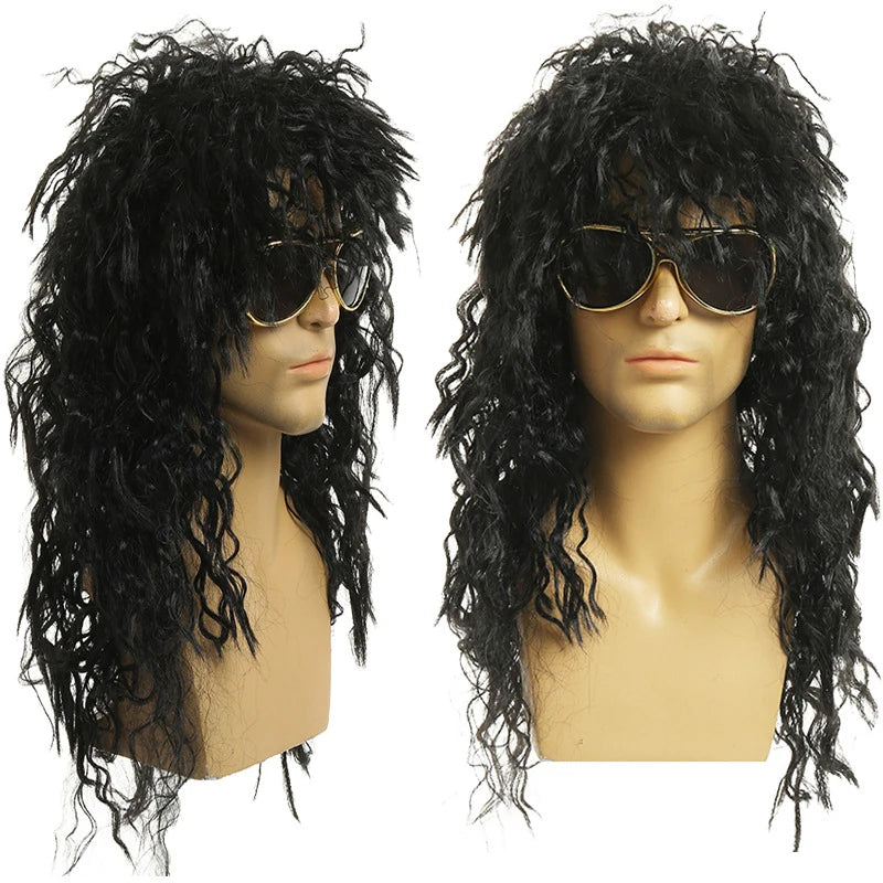 Men's Long Curly Black Wig – Fluffy Synthetic Cosplay Party Wig Costume Wig Axl