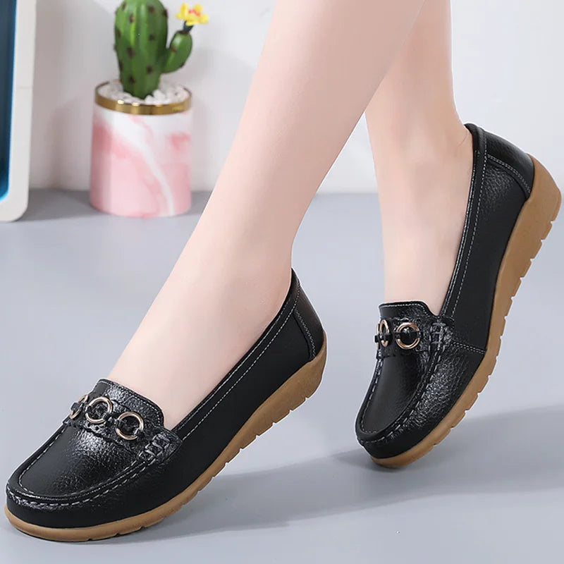 HAJINK Women's Leather Slip-On Loafers – Low Wedge Flat Shoes Women's Flat Loafers Axl