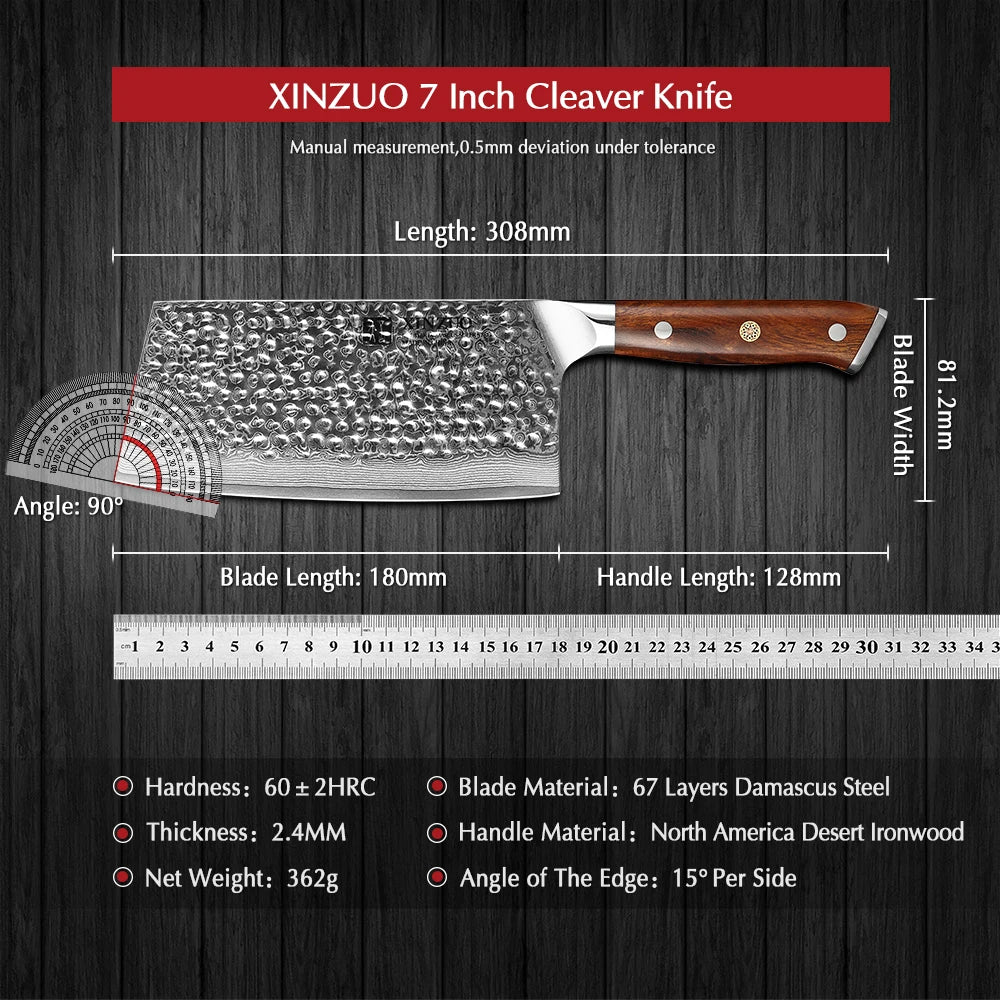 XINZUO 7" Damascus Cleaver Knife – VG10 & Ironwood Handle Damascus Cleaver Knife Axl