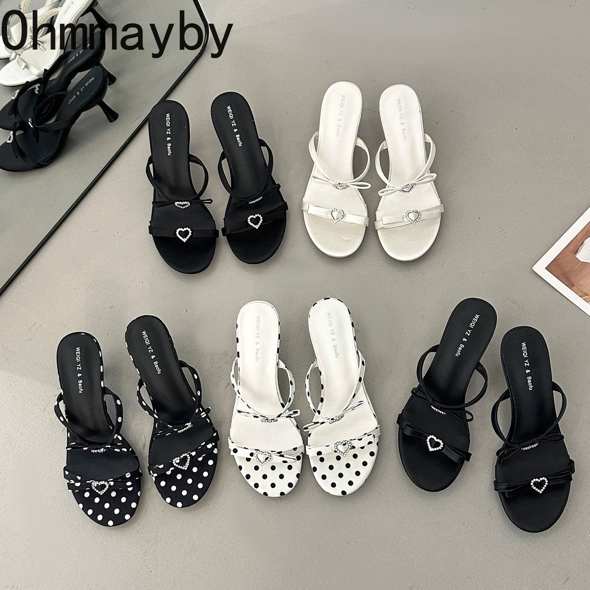 Rhinestone Kitten Heel Slippers – Polka Dot Women's Slides Kitten Heel Slippers Axl