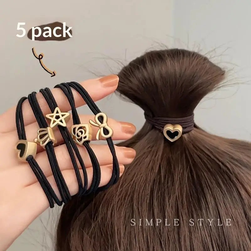Alloy Charm Elastic Hair Ties 5/10 Pcs – Heart Flower Pentagram Elastic Hair Ties Axl