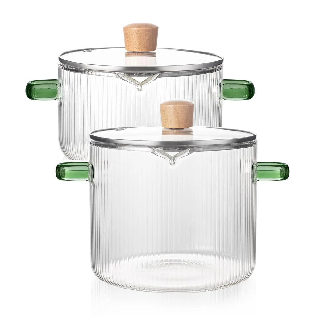 KEMORELA Clear Glass Saucepan with Lid – 1.8L & 2.3L Glass Saucepan Set Axl 2PCS 2.3L Green