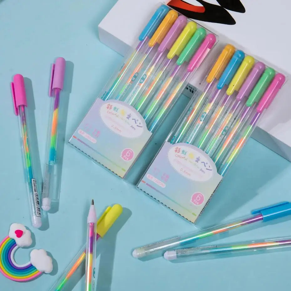 6-Piece Kawaii Rainbow Gel Pens – Colorful DIY Ballpoint Set Gel Pen Set Axl