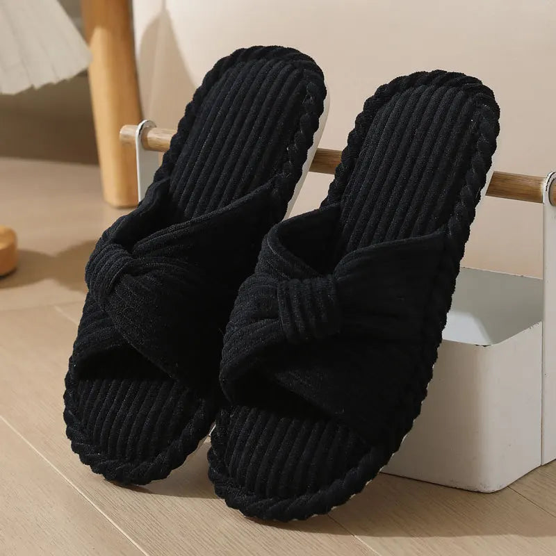Women's Corduroy Open Toe Indoor Slippers – Non-Slip Women's Indoor Slippers Axl Black 38-39