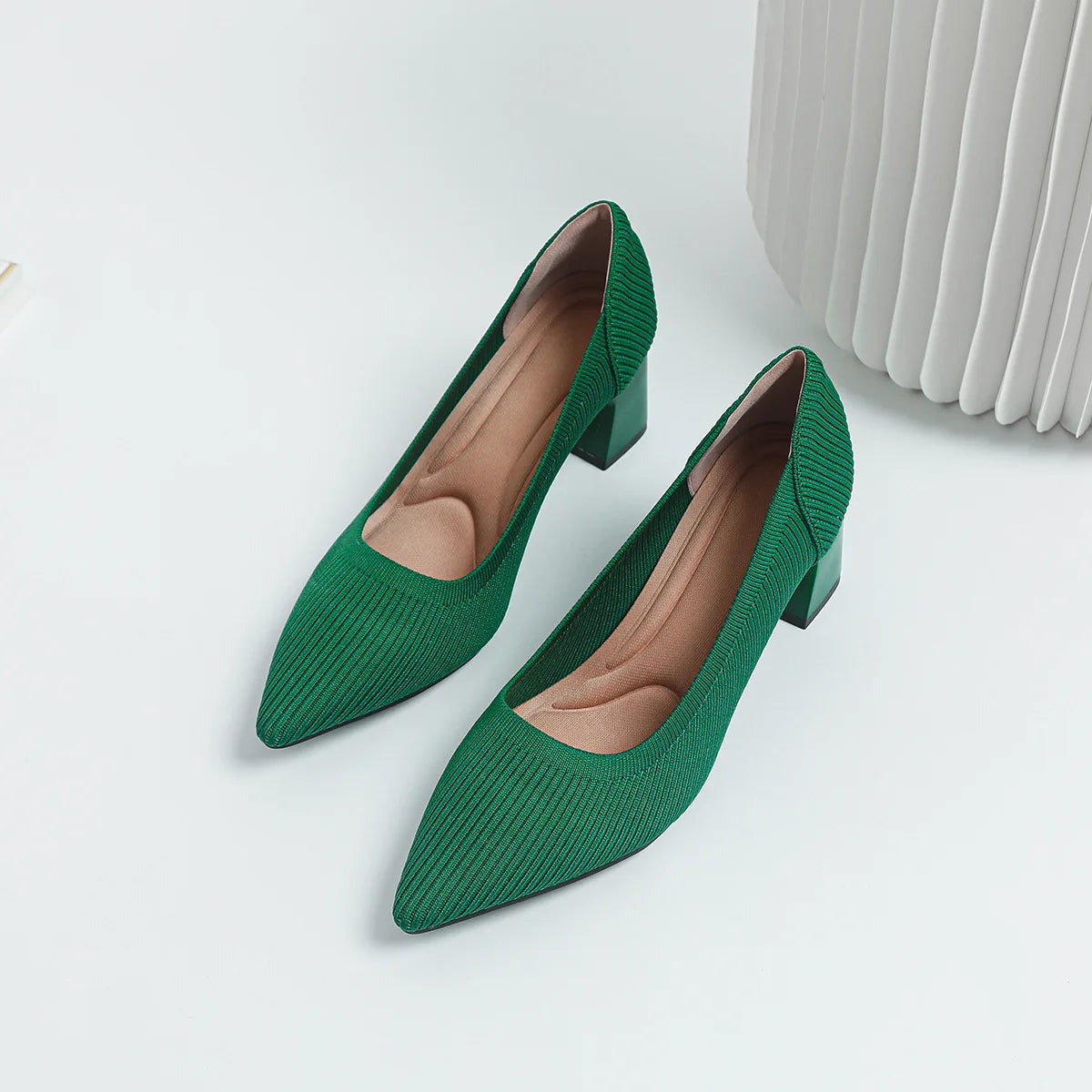 YBQJOO Women's Pointed Toe Block Heel Pumps – Knit Work Shoes High Heel Pumps Axl Green 39