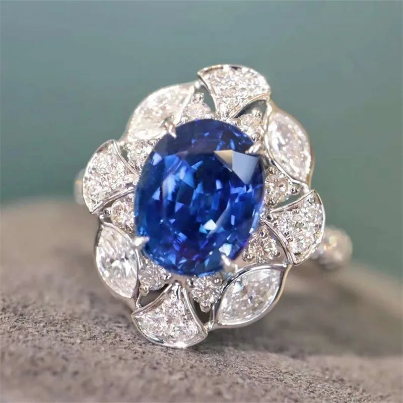 Huitan Oval Blue Cubic Zirconia Ring – Women's Elegant Band Fashion Ring Axl