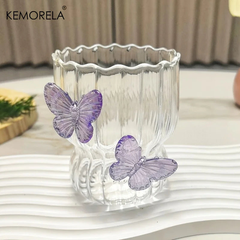 KEMORELA 3D Butterfly Glass Cup – Handmade Striped Drinkware Decorative Glass Cup Axl Purple 201-300ml