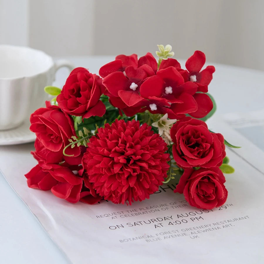 Silk Rose & Chrysanthemum Bouquet – Wedding Garden Decor Artificial Silk Bouquet Axl Red 2pcs