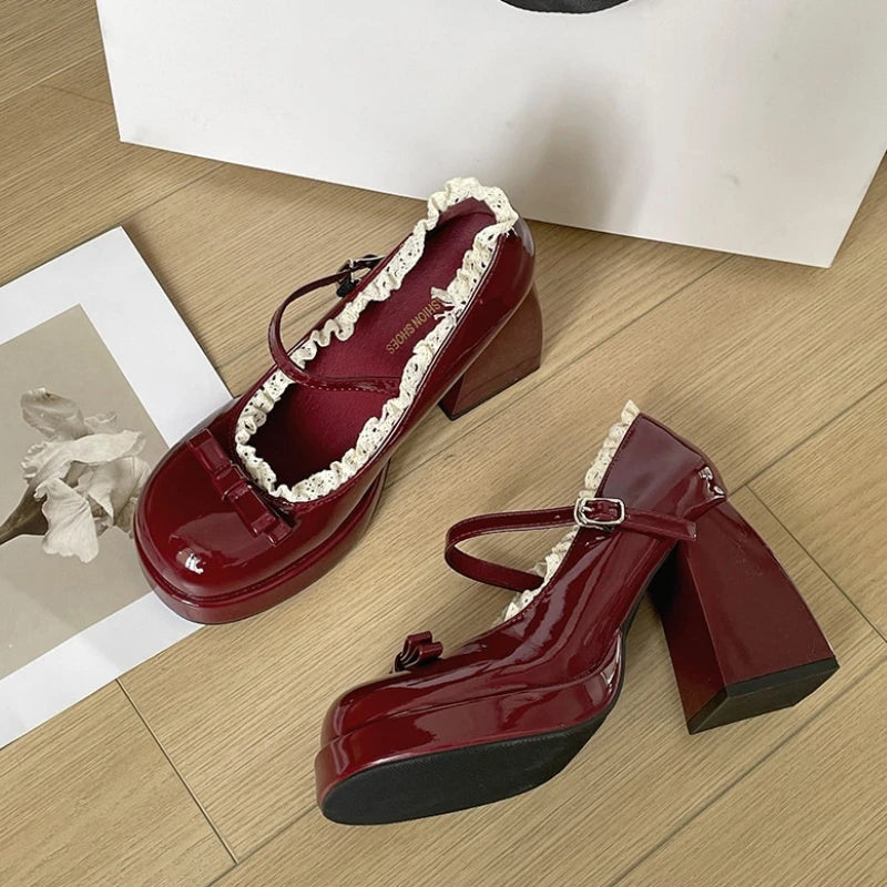 Women's Y2K Mary Jane Heels – Butterfly-Knot Black Pumps Mary Jane Pumps Axl wine red 35