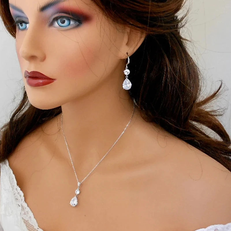 Huitan Waterdrop CZ Drop Earrings – Silver Wedding Jewelry Drop Earrings Axl