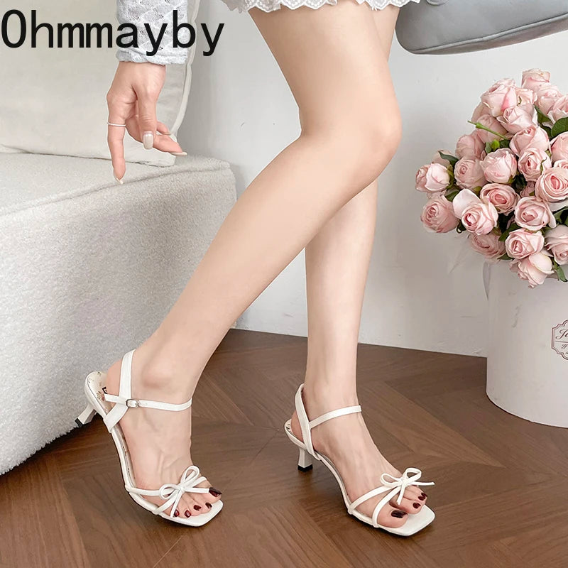 Women's Floral Butterfly-Knot Slingback Mid Heel Sandals Women's Heel Sandals Axl