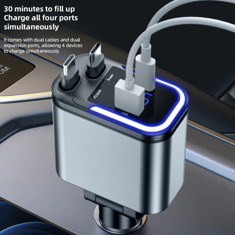 4-in-1 PD30W Retractable Car Charger USB-C & USB-A Fast Charge Retractable Car Charger Axl
