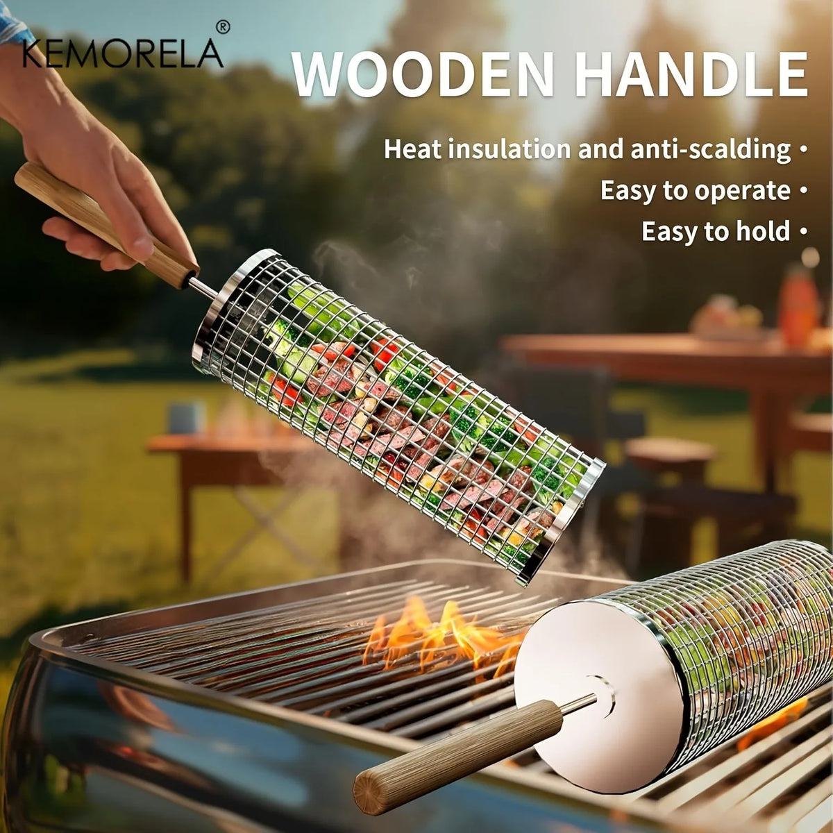 Stainless Steel Rolling BBQ Grill Basket Set – 2-Piece Cage BBQ Grill Basket Axl