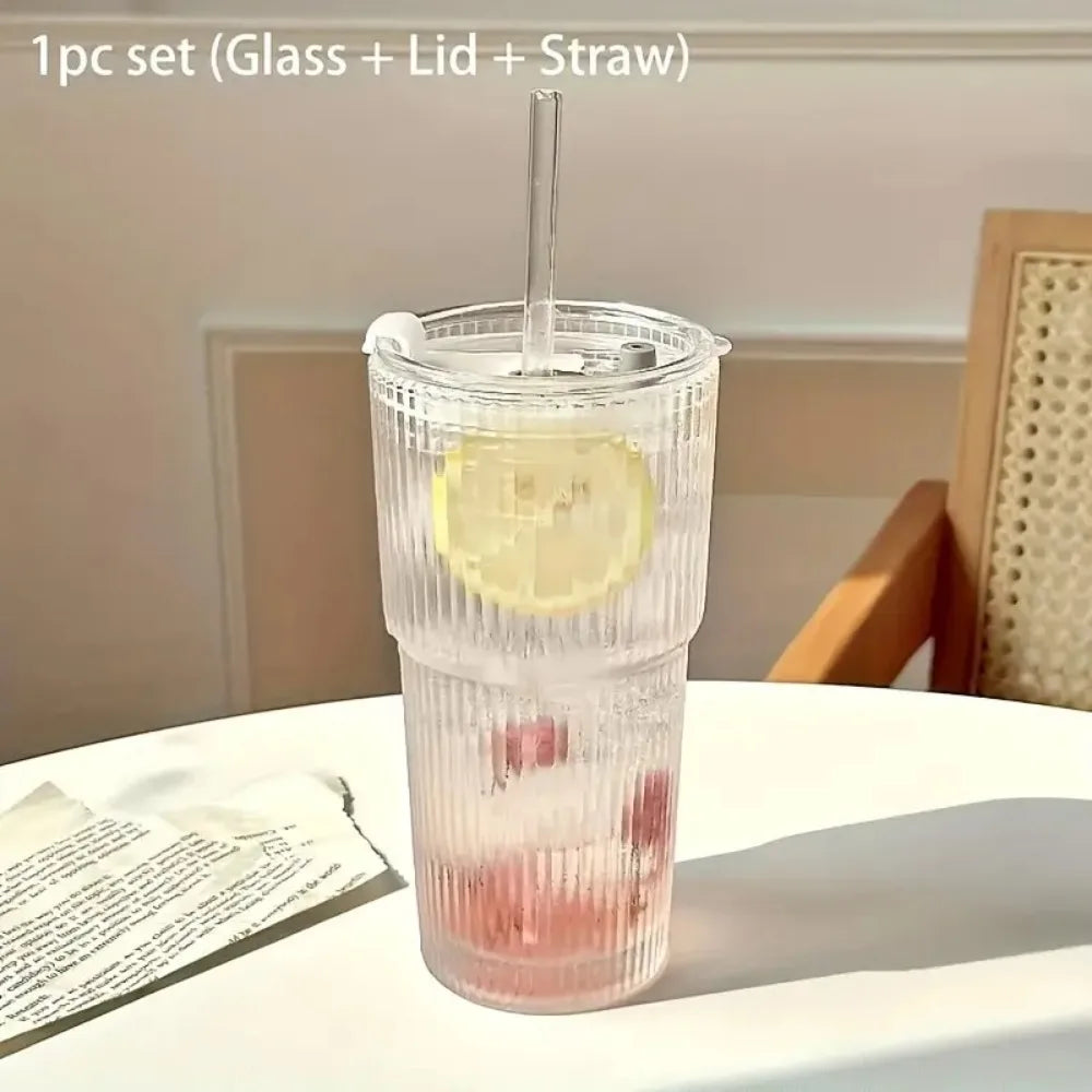 KEMORELA 600ml Stripe Glass Cup with Lid & Straw Glass Tumbler Axl 1Set 600ml