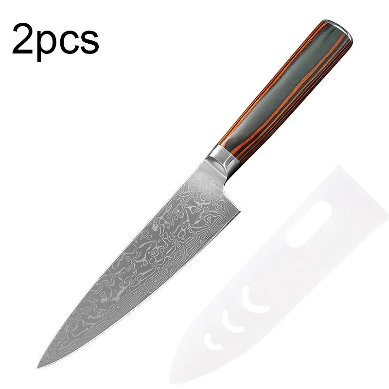 Damascus Steel Chef Knife – Sharp 14.5cm Blade & Wood Handle Chef's Knife Axl 2pcs
