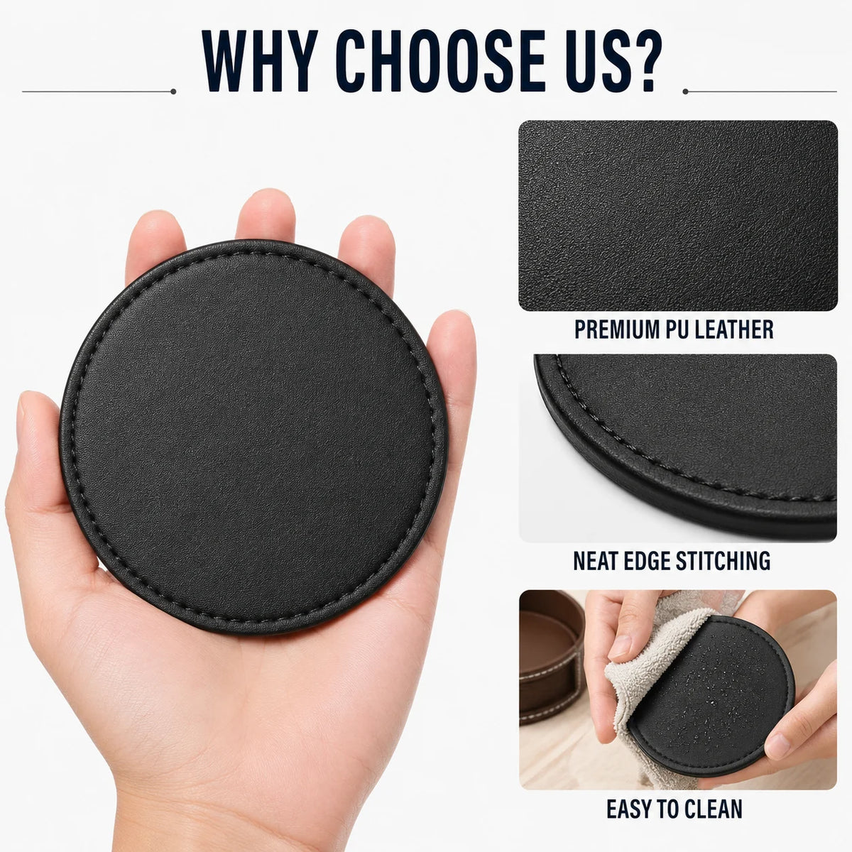 PU Leather Drink Coaster Set of 6 with Holder – Heat Resistant Drink Coaster Set Axl