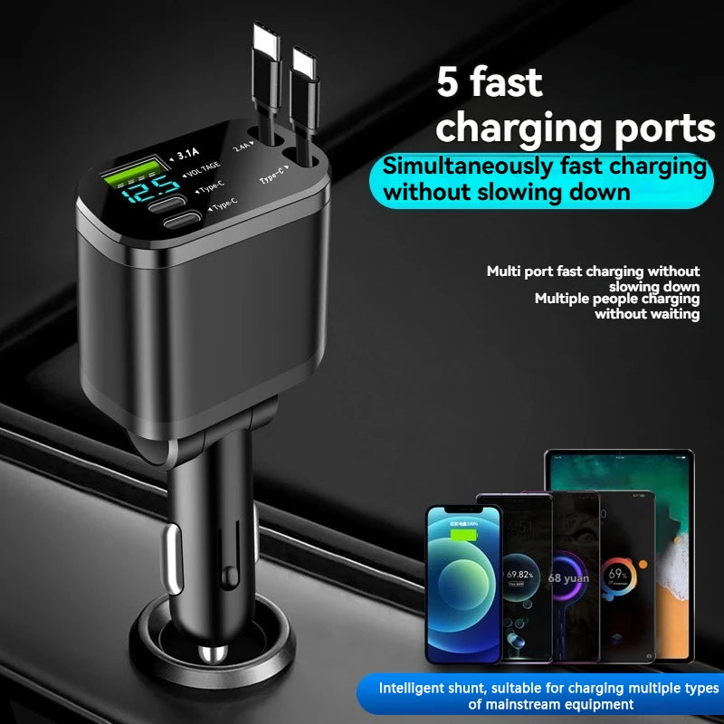 5-in-1 Car Charger Retractable Cable PD Fast Charging 3.1A Car Charger Axl