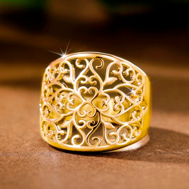Huitan Wide Hollow Flower Ring – Vintage Carved Brass Women's Ring Fashion Ring Axl Q306 6