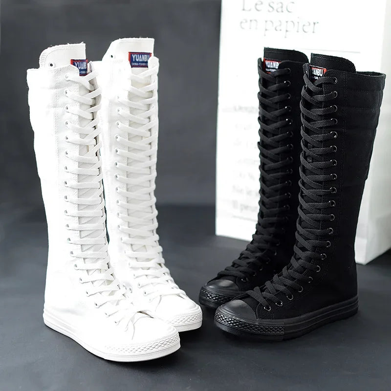 Women's Canvas Knee-High Boots – Lace-Up Zipper Style Canvas Knee-High Boots Axl