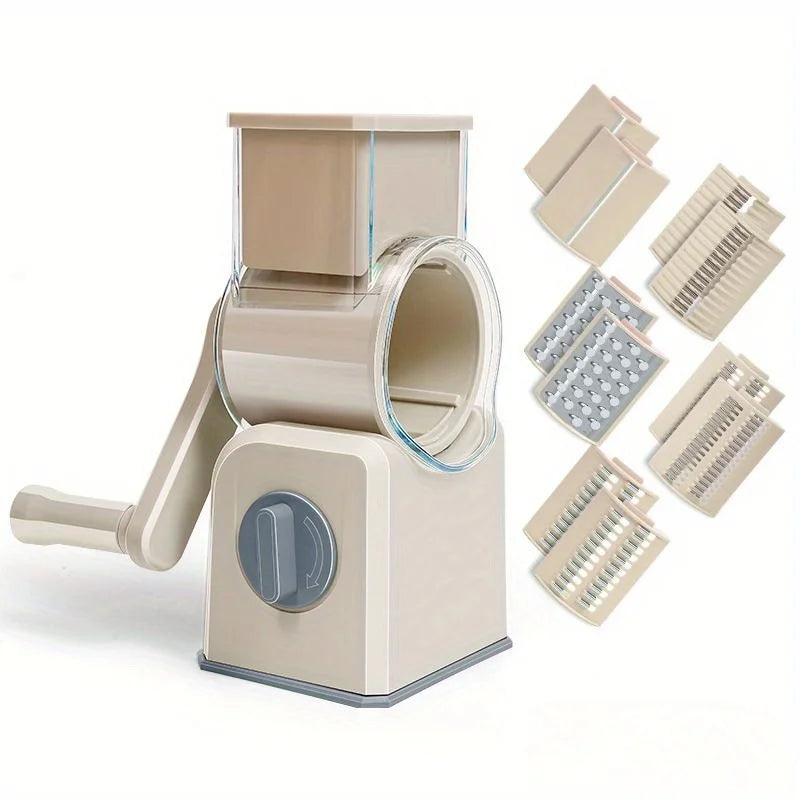 Rotary Drum Vegetable Slicer – Manual Hand Crank Grater & Chopper Rotary Vegetable Slicer Axl Beige with 5knives