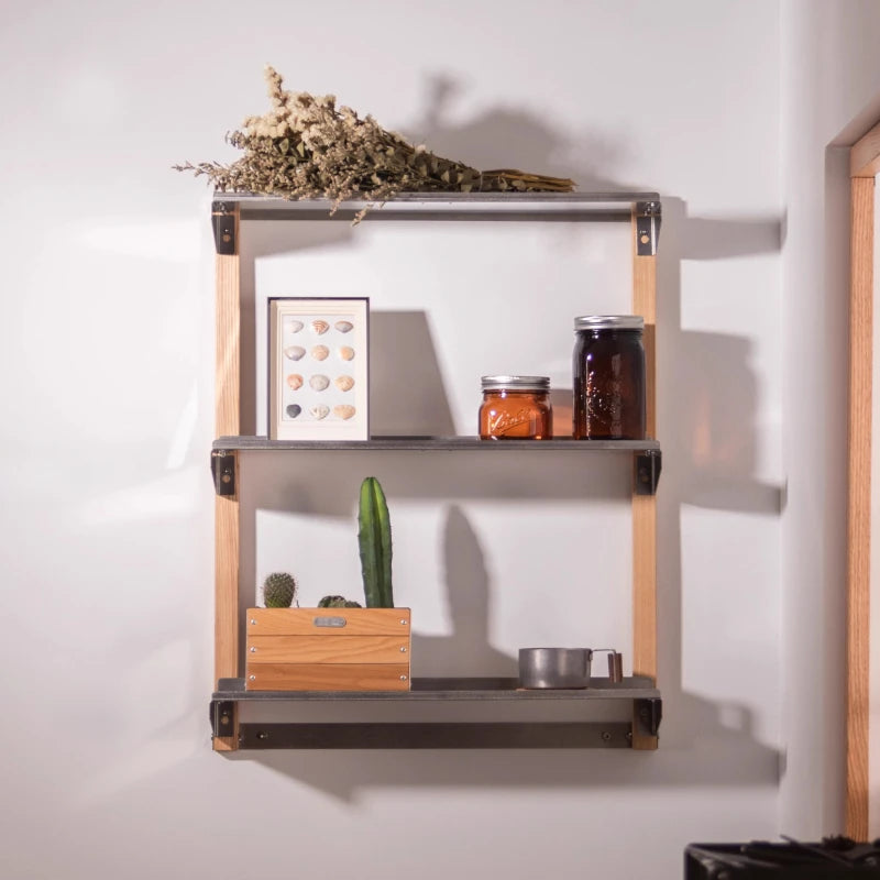 3-Tier Wall Shelf – Ash Wood & Stainless Steel Floating Shelf Wall Mounted Shelf Axl