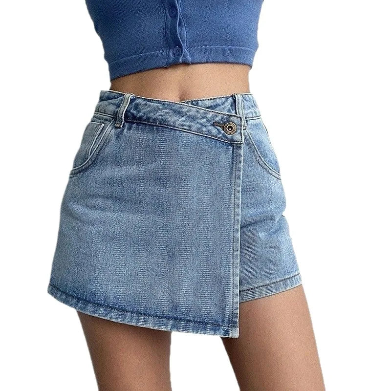 Women's High-Waist Denim Skort – Fake Two-Piece Jean Skirt Denim Skort Axl