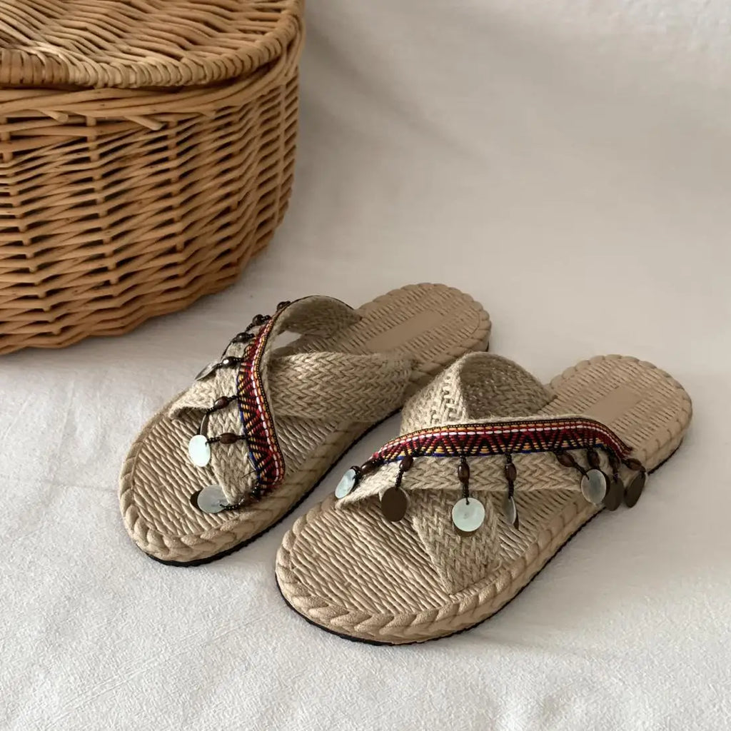 Women's Bohemian Braided Beach Slides – Summer Slippers Beach Slide Slippers Axl Beige 40