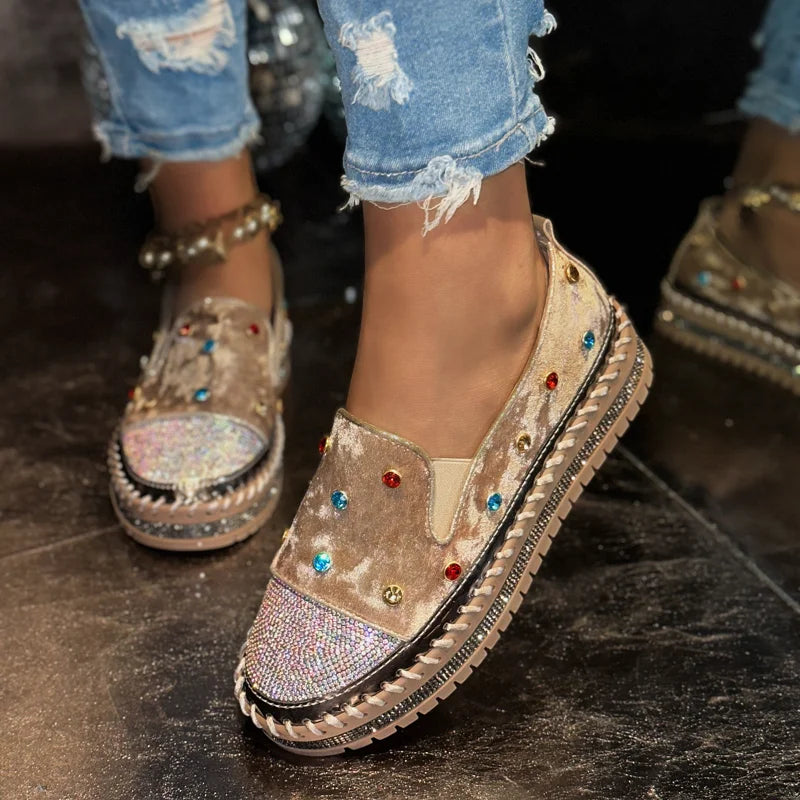 Women's Pearl Rhinestone Loafers – Slip-On Flat Shoes Embellished Flat Loafers Axl