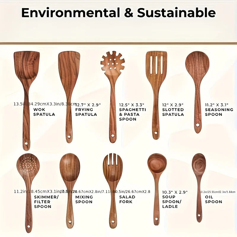 10-Piece Natural Wooden Cooking Utensils Set – Spoons & Ladles Wooden Cooking Utensils Axl