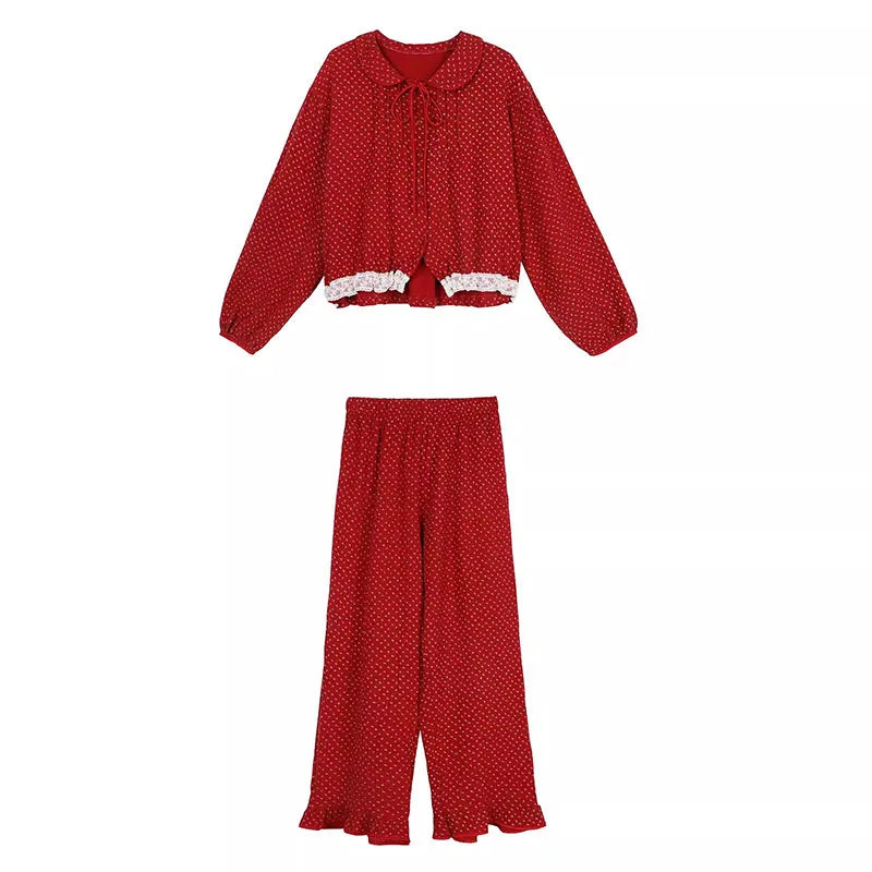 Retro Floral Doll Collar Women's Pajama Set | Long Sleeve Women's Pajama Set Axl red 2XL
