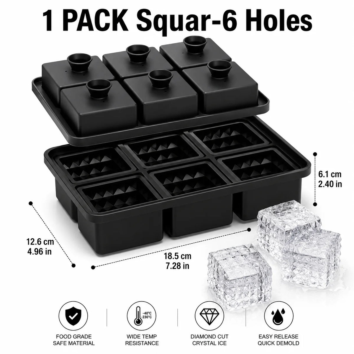 6-Cavity Diamond Silicone Ice Tray with Funnel Lid | Whiskey Bar Silicone Ice Tray Axl 1 PACK Squar-6 Holes