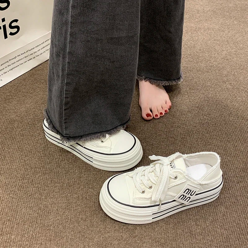 Women's Platform Canvas Sneakers – Casual Lace-Up Half Slipper Platform Canvas Sneakers Axl