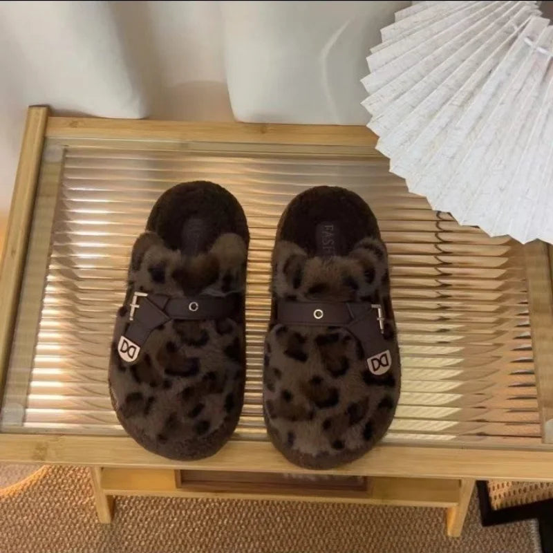 Women's Leopard Chunky Plush Slippers – Cozy Indoor Slide Plush Indoor Slippers Axl